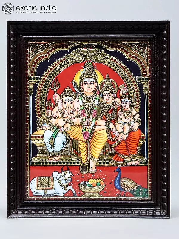 Lord Shiva Family Seated with Together | Handmade Tanjore Painting | Traditional Colors with 24 Karat Gold | With Frame