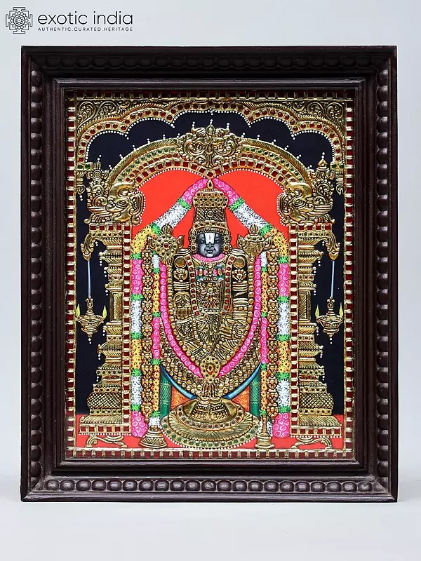 Lord Venkateswara (Tirupati Balaji) with Intricate Details | Handmade Tanjore Painting | Traditional Colors with 24 Karat Gold | With Frame