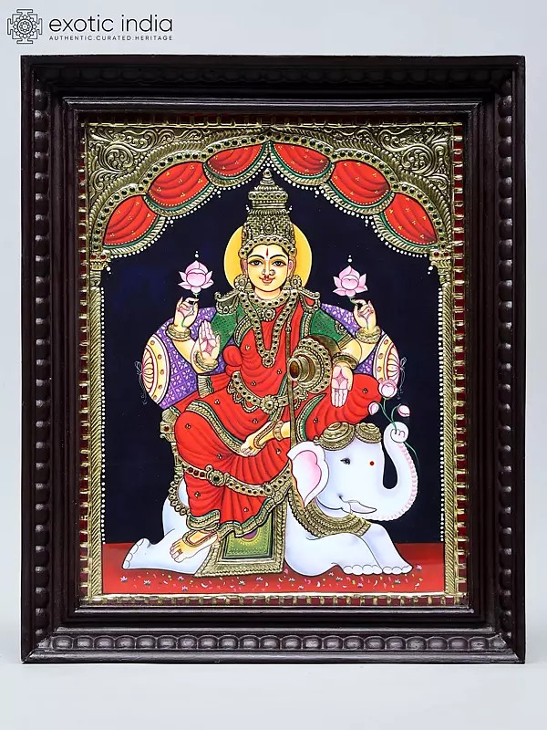 Four Armed Goddess Gajalakshmi | Handmade Tanjore Painting | Traditional Colors with 24 Karat Gold | With Frame