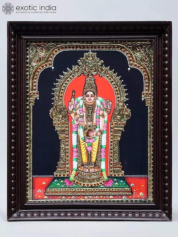 Chaturbhuja Lord Kartikeya with Kirtimukha Arch | Handmade Tanjore Painting | Traditional Colors with 24 Karat Gold | With Frame