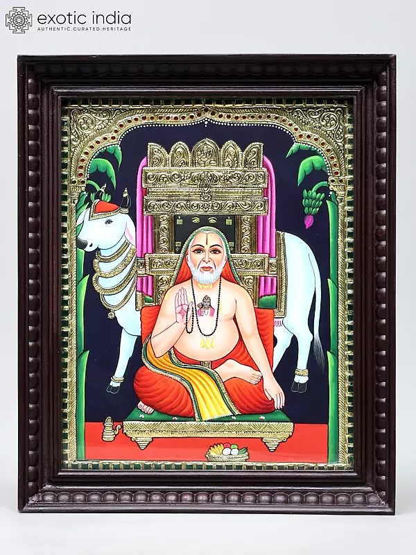 Guru Raghavendra Swamy Seated on Asana | Handmade Tanjore Painting | Traditional Colors with 24 Karat Gold | With Frame