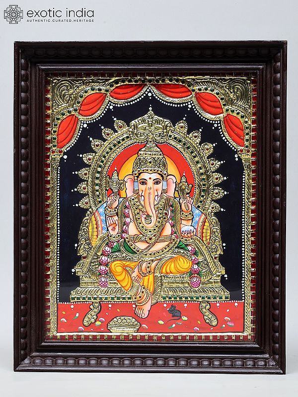Lord Ganesha Seated on Kirtimukha Throne | Handmade Tanjore Painting | Traditional Colors with 24 Karat Gold | With Frame