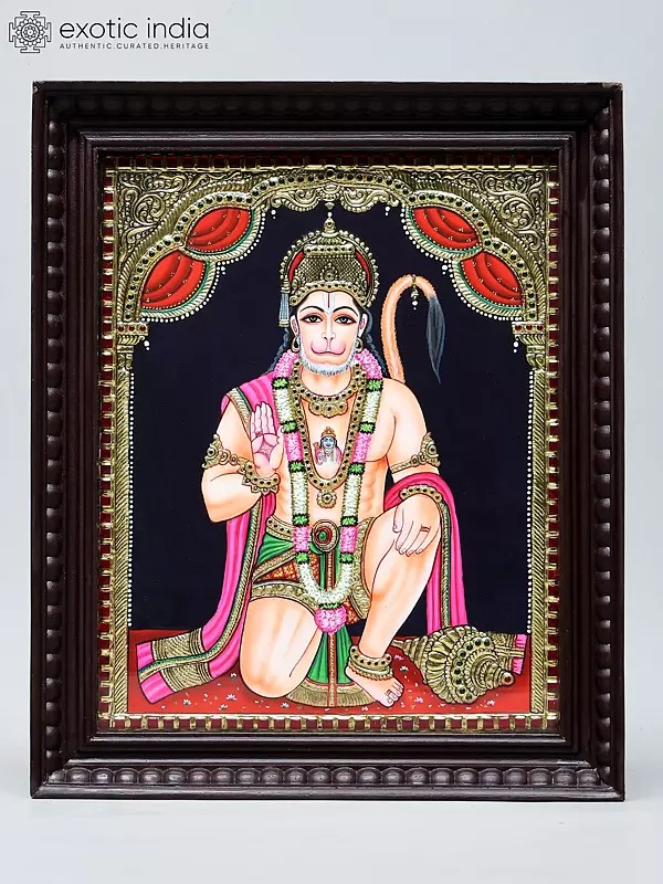 Lord Hanuman Seated in Blessing Gesture | Handmade Tanjore Painting | Traditional Colors with 24 Karat Gold | With Frame