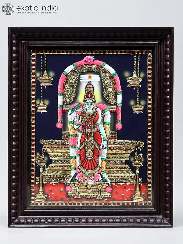Goddess Meenakshi Amman in Standing Posture | Handmade Tanjore Painting | Traditional Colors with 24 Karat Gold | With Frame
