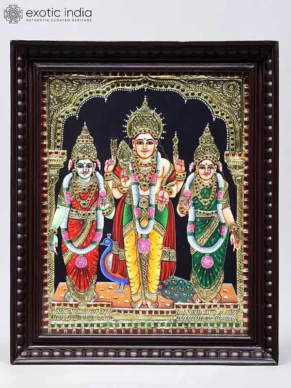 Lord Murugan Standing with Deivanai and Valli | Handmade Tanjore Painting | Traditional Colors with 24 Karat Gold | With Frame