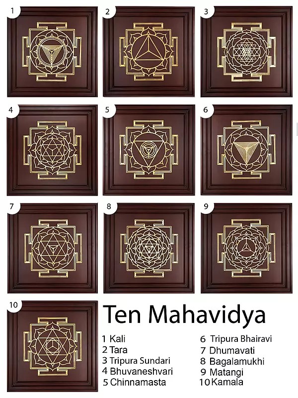 Ten Mahavidya Yantra - (Set of Ten) for Life Guidance on the Path | Brass Yantra on Wood Frame | Wall Hanging