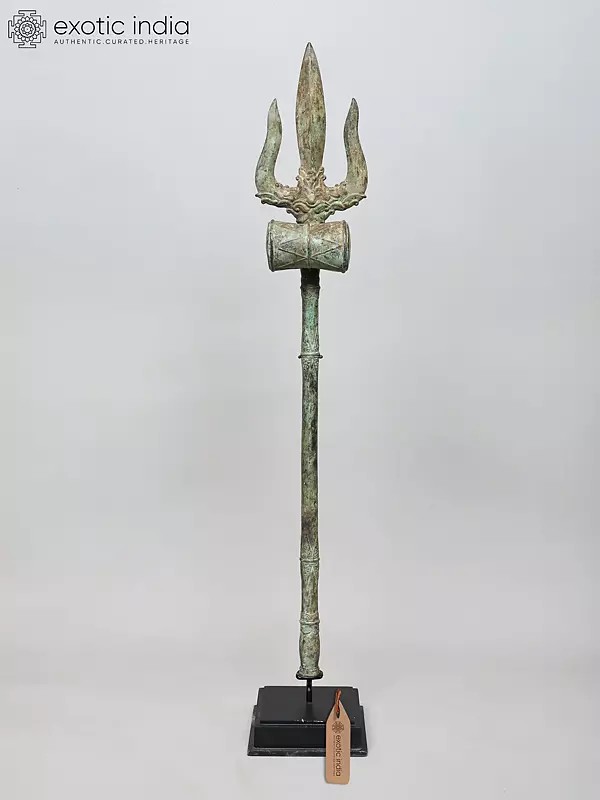 46" Large Brass Trident of Lord Shiva on Wood Base
