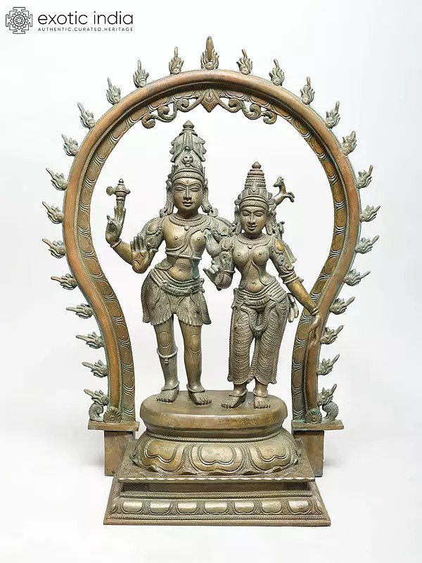 25" Standing Shiva Parvati with Arch | Madhuchista Vidhana (Lost-Wax) | Panchaloha Bronze from Swamimalai