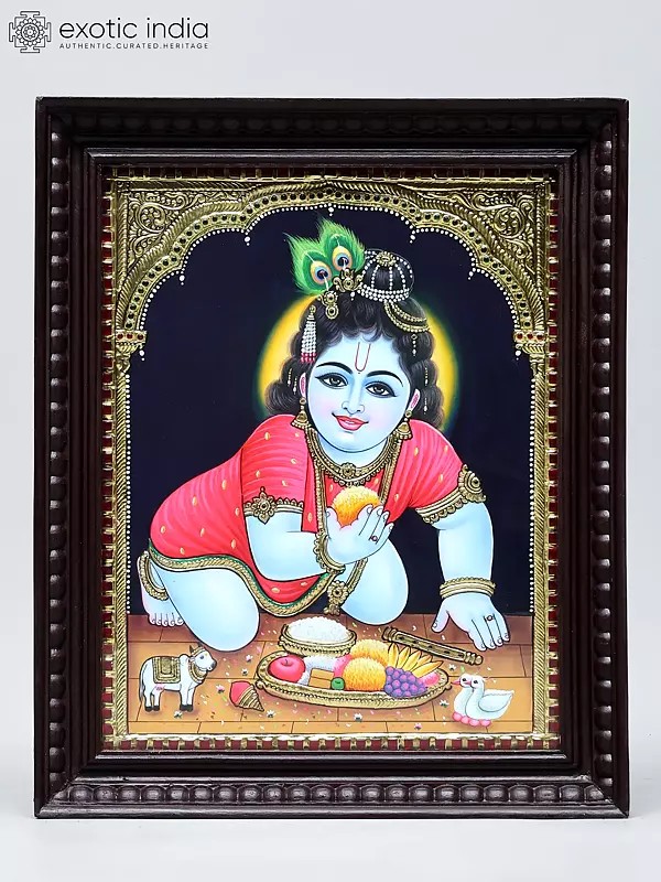 Little Krishna Eating Prasadam | Traditional Colors with 24 Karat Gold | Framed Tanjore Painting