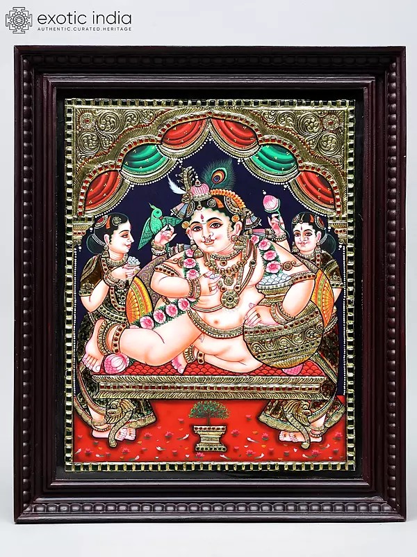Navaneetha Krishna with Pot of Butter | Traditional Colors with 24 Karat Gold | Framed Tanjore Painting