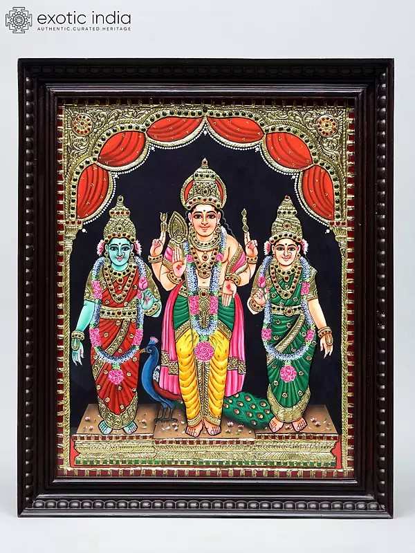 Divine Lord Kartikeya with Devasena and Valli | Traditional Colors with 24 Karat Gold | Framed Tanjore Painting