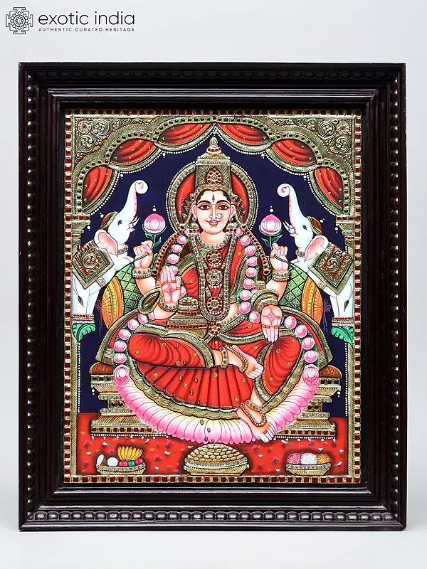 Goddess Gajalakshmi with Lotus Garland | Traditional Colors with 24 Karat Gold | Framed Tanjore Painting