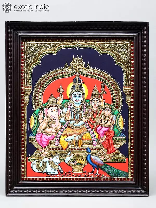 Lord Shiva Family Seated on Throne | Traditional Colors with 24 Karat Gold | Framed Tanjore Painting