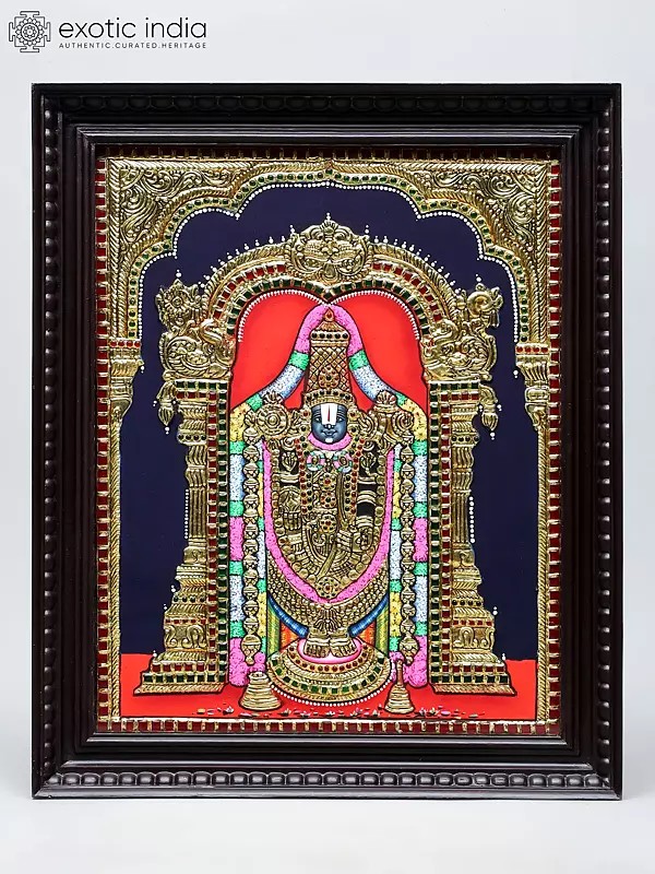 Lord Venkateswara (Tirupati Balaji) in Standing Gesture | Traditional Colors with 24 Karat Gold | Framed Tanjore Painting