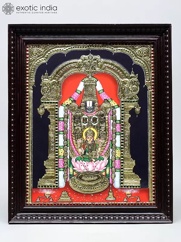 Lord Tirupati Balaji and Goddess Lakshmi | Traditional Colors with 24 Karat Gold | Framed Tanjore Painting
