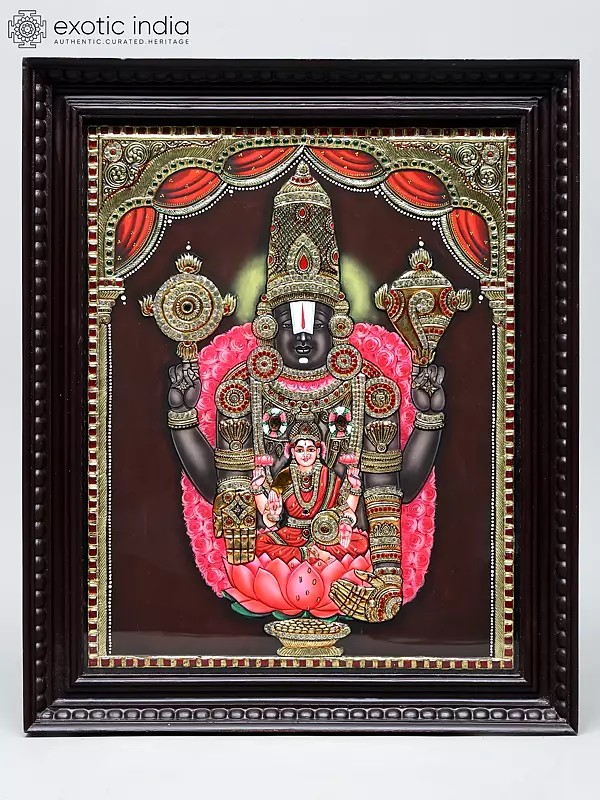 Lord Tirupati Balaji with Goddess Lakshmi and Vaishnava Symbols | Traditional Colors with 24 Karat Gold | Framed Tanjore Painting