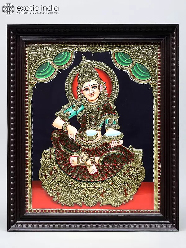 Goddess Annapurna - Deity of Food and Nourishment | Traditional Colors with 24 Karat Gold | Framed Tanjore Painting