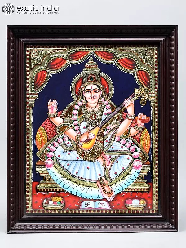 Goddess Saraswati Seated with Sitar | Traditional Colors with 24 Karat Gold | Framed Tanjore Painting