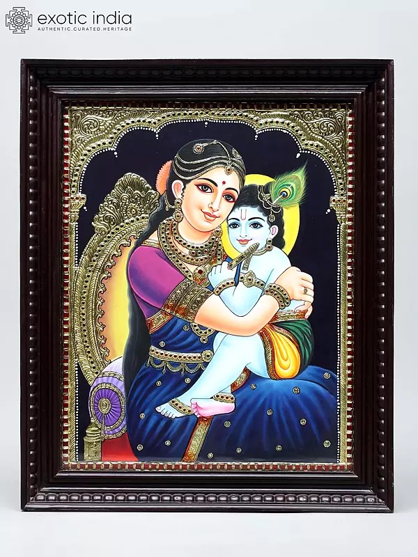 Yashoda Maiya and Little Krishna - Divine Love of Mother | Taditional Colors with 24 Karat Gold | Framed Tanjore Painting