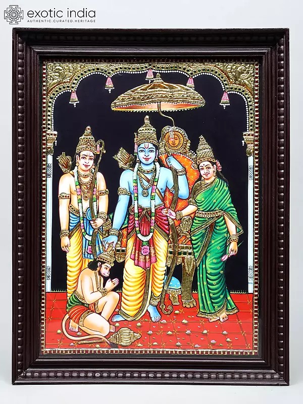 Shri Ram Darbar - Lord Ram Giving Blessing to Hanuman | Traditional Colors with 24 Karat Gold | Tanjore Painting with Frame