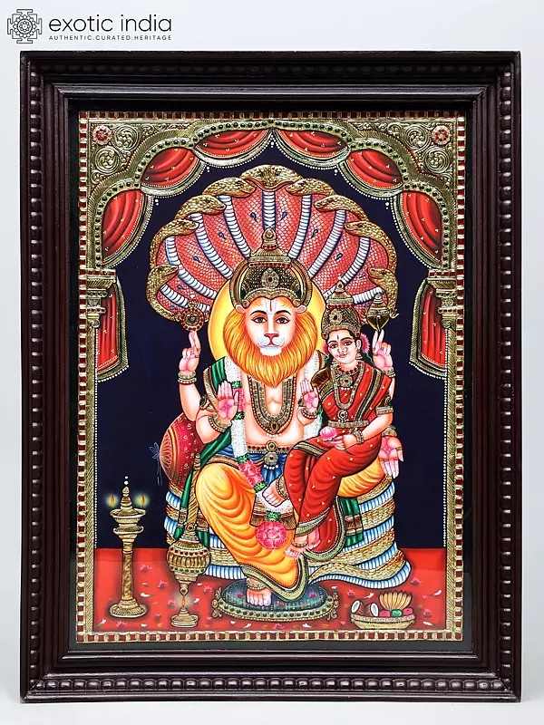 Lord Narasimha Seated on Sheshnag Throne with Goddess Lakshmi | Traditional Colors with 24 Karat Gold | Tanjore Painting with Frame