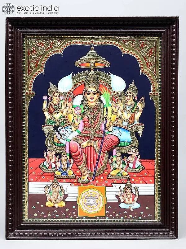 Divine Goddess Tripura Sundari (Rajarajeshwari) | Traditional Colors with 24 Karat Gold | Tanjore Painting with Frame