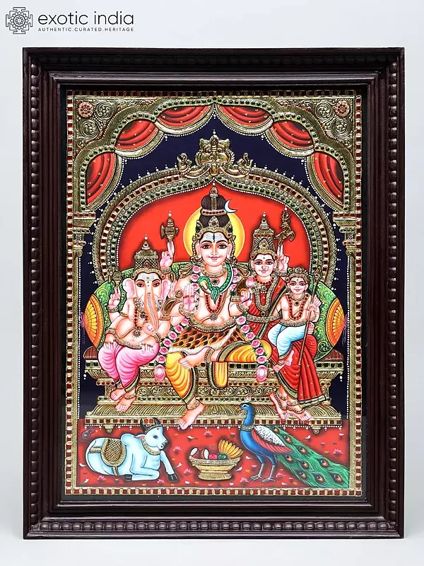 Lord Shiva Seated with Family on Kirtimukha Throne | Traditional Colors with 24 Karat Gold | Tanjore Painting with Frame