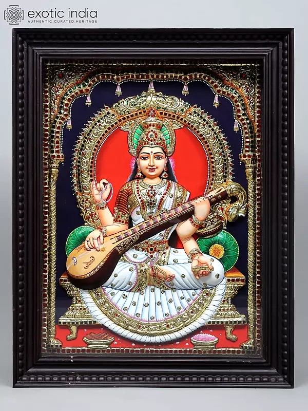 Goddess Saraswati Playing Sitar on Kirtimukha Throne | Traditional Colors with 24 Karat Gold | Embossed Tanjore Painting with Frame