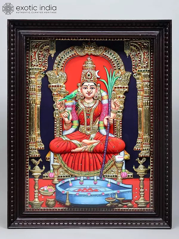 Goddess Kamakshi Amman - Form of Goddess Parvati | Traditional Colors with 24 Karat Gold | Embossed Tanjore Painting with Frame