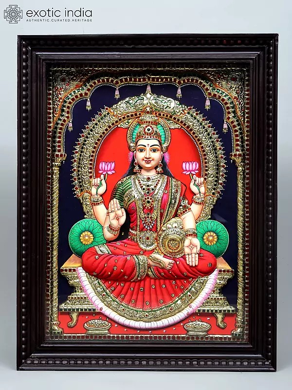 Four Armed Goddess Lakshmi Seated on Kirtimukha Throne | Traditional Colors with 24 Karat Gold | Embossed Tanjore Painting with Frame