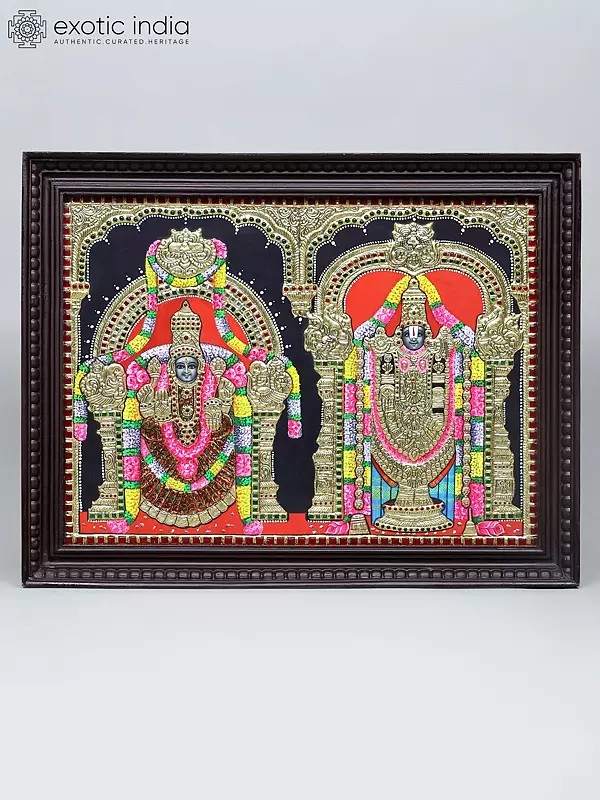 Lord Venkateswara and Goddess Padmavathi | Traditional Colors with 24 Karat Gold | Tanjore Painting with Frame