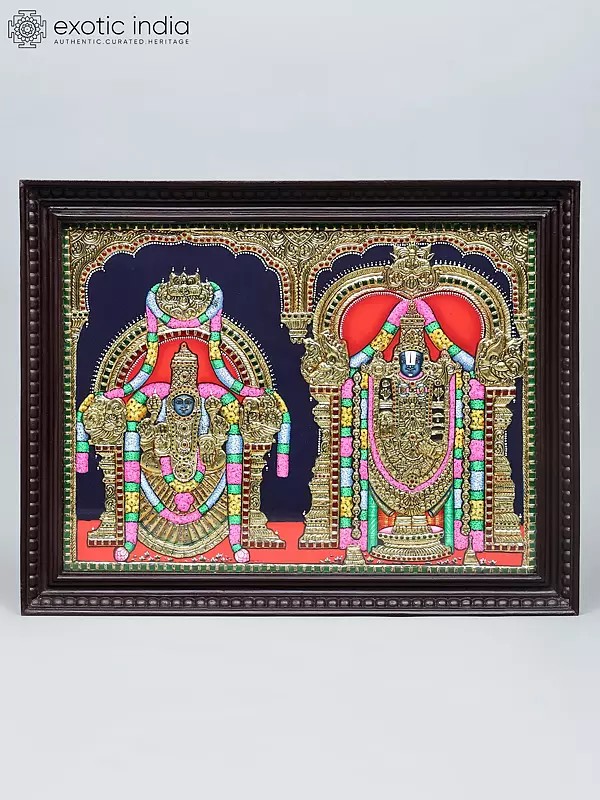 Lord Tirupati Balaji (Venkateswara) and Goddess Padmavathi (Thayar) | Traditional Colors with 24 Karat Gold | Tanjore Painting with Frame