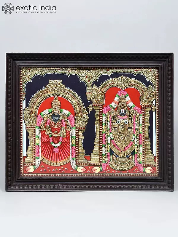 Divine Lord Tirupati Balaji with Goddess Padmavathi | Traditional Colors with 24 Karat Gold | Tanjore Painting with Frame