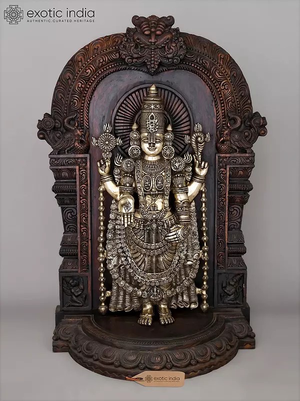 48" Large Superfine Brass Lord Tirupati Balaji (Venkateswara) with Wood Carved Kirtimukha Throne | Made in India