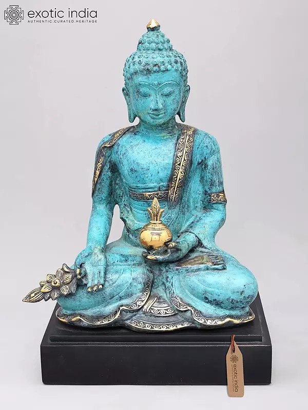 17" Seated Brass Medicine Buddha on Wood Base
