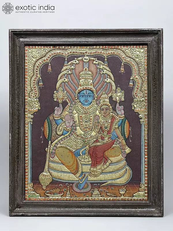 Lakshmi and Narayan Seated on Sheshnag Throne | Traditional Colors with 24 Karat Gold | Embossed Three Dimensional Vintage Tanjore Painting