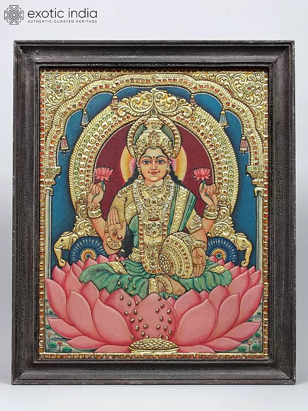Embossed Three-Dimensional Vintage Tanjore Painting: Chaturbhuja Dhanalakshmi