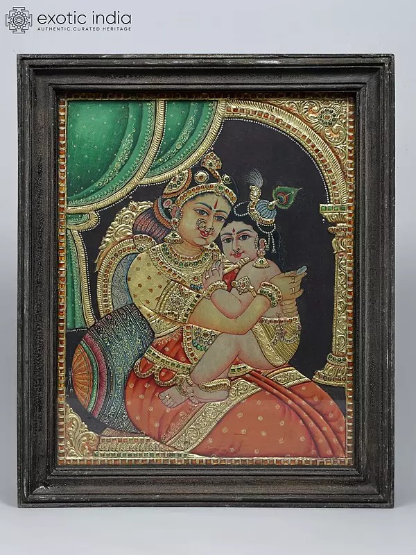 Traditional Tanjore Art: Mother Yashoda and Krishna with Embossed Gold Details