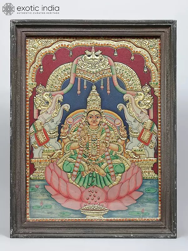 Embossed Three Dimensional Vintage Painting: Goddess Gajalakshmi on Lotus with Elephants and Gold