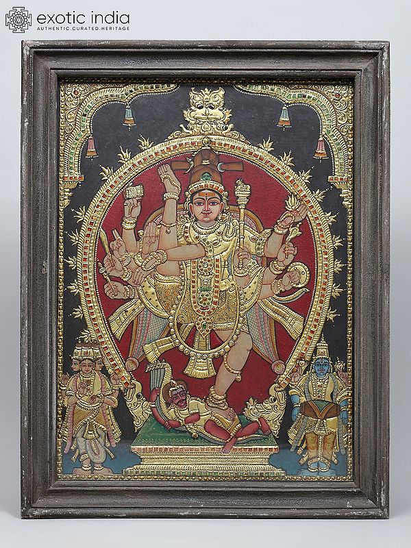 Shiva Nataraja: Ten-Armed Cosmic Dancer | Vintage Tanjore Painting with 24 Karat Gold