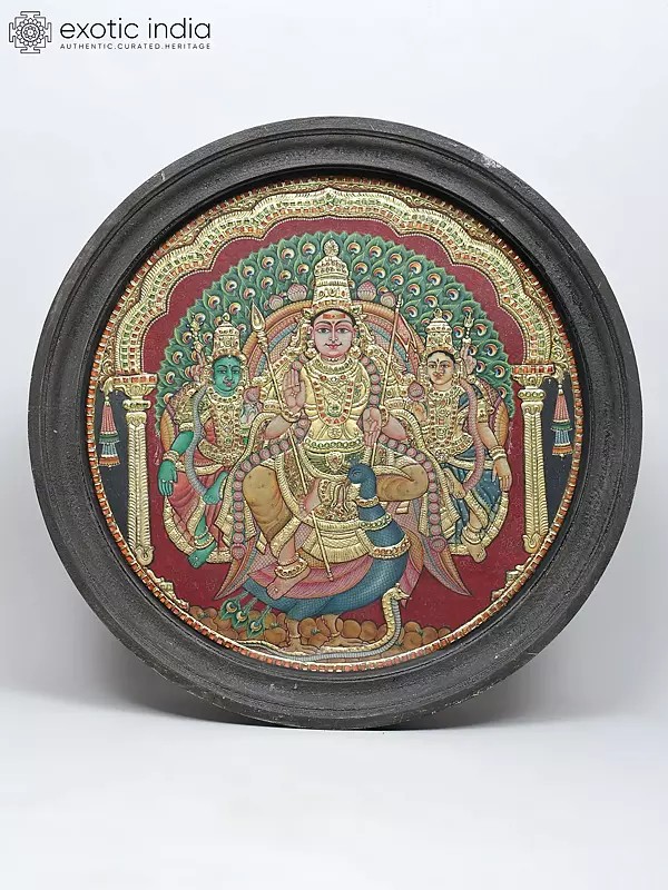 Lord Kartikeya with Devasena and Valli Seated on Peacock | Traditional Colors with 24 Karat Gold | Tanjore Painting with Frame