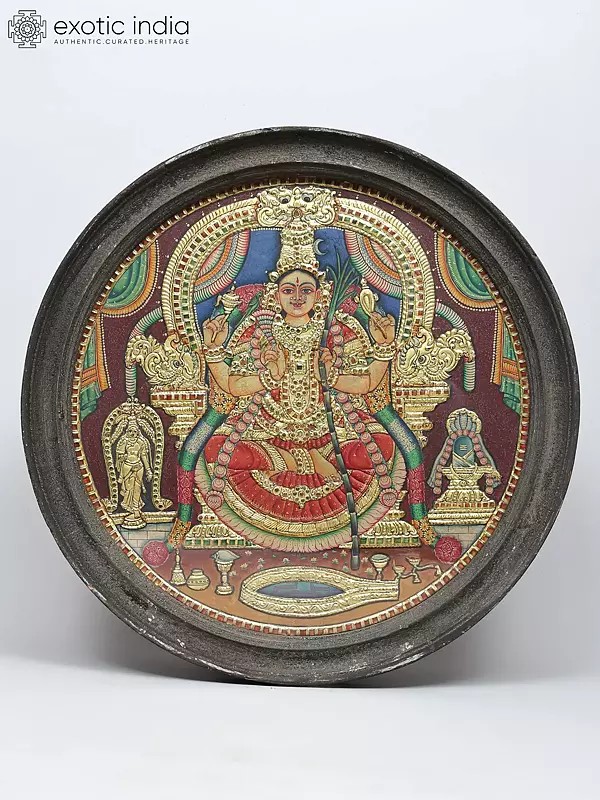 Goddess Kamakshi Amman Seated on Kirtimukha Throne | Traditional Colors with 24 Karat Gold | Tanjore Painting with Frame