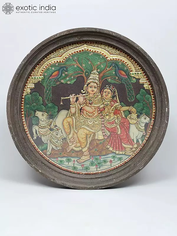 Krishna Gopal with Radha | Traditional Colors with 24 Karat Gold | Tanjore Painting with Frame
