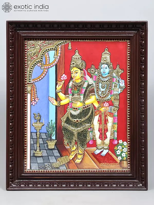 Goddess Grihalakshmi with Lord Vishnu | Traditional Colors with 24 Karat Gold | Tanjore Painting with Frame