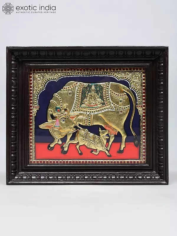 Divine Cow with Calf | Traditional Colors with 24 Karat Gold | Tanjore Painting with Frame