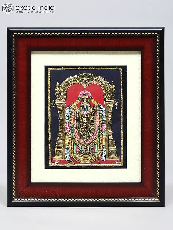 Lord Tirupati Balaji Standing on Base | Traditional Colors with 24 Karat Gold | Tanjore Painting with Frame