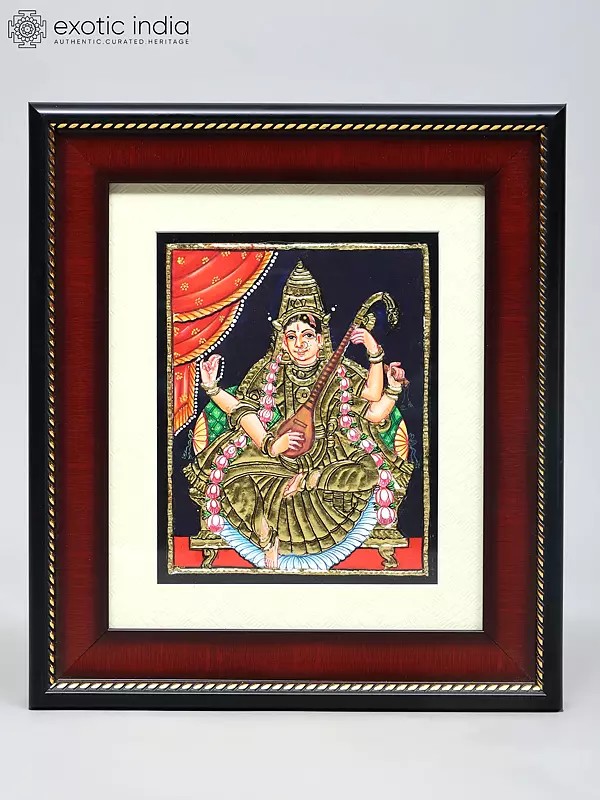 Seated Goddess Saraswati and Playing The Veena | Traditional Colors with 24 Karat Gold | Tanjore Painting with Frame