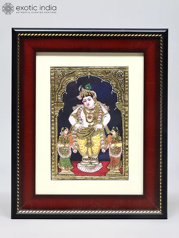 Bal Krishna Standing with Devotee | Traditional Colors with 24 Karat Gold | Tanjore Painting with Frame