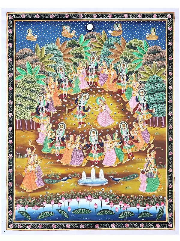 Krishna Raas Lila with Gopis | Natural Color on Cloth | Handmade Pichwai Painting