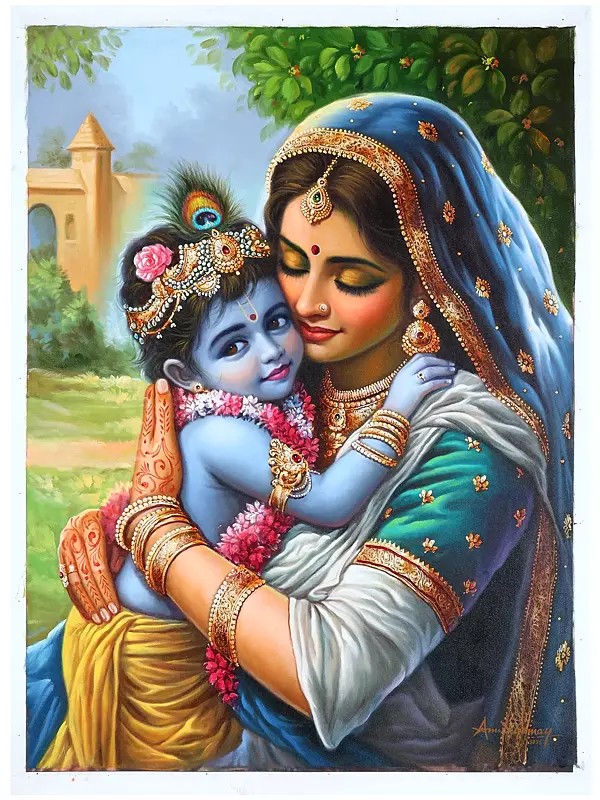 Little Krishna in Lap of Mother Yashoda | Oil on Canvas | Handmade Painting